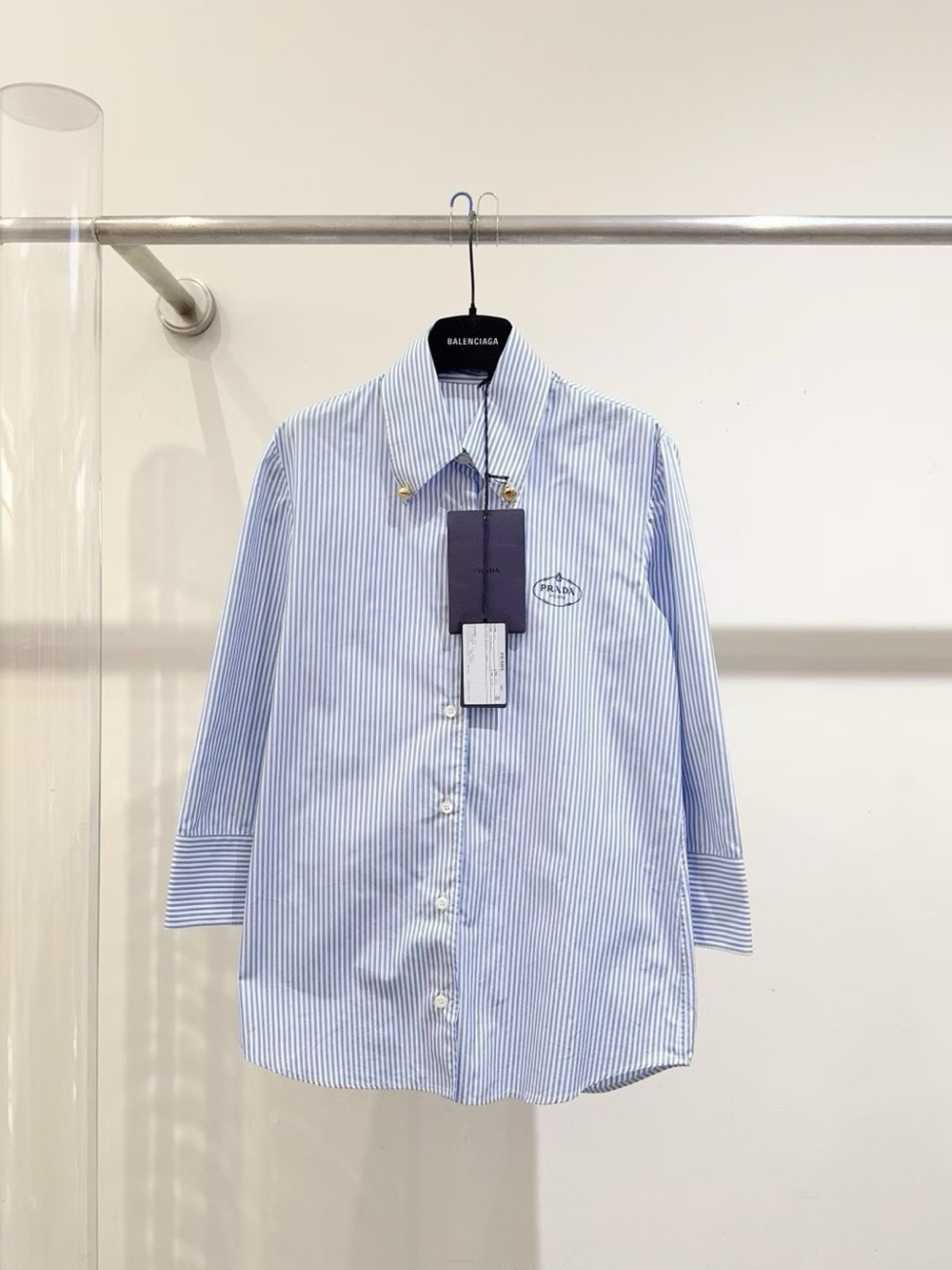 Prada Light Blue and White Striped Dress Shirt